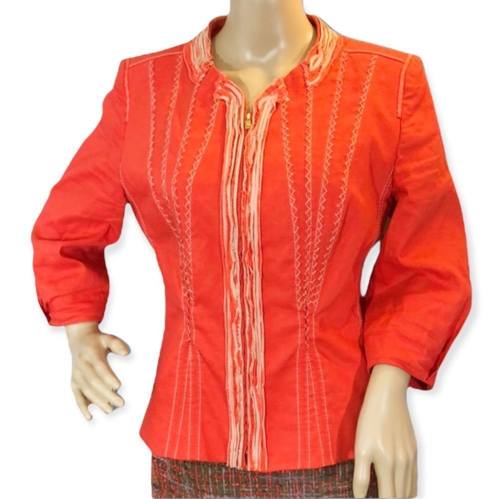 Elie Tahari Ruffled Zip Front Detailed Blazer Bright Orange Medium M